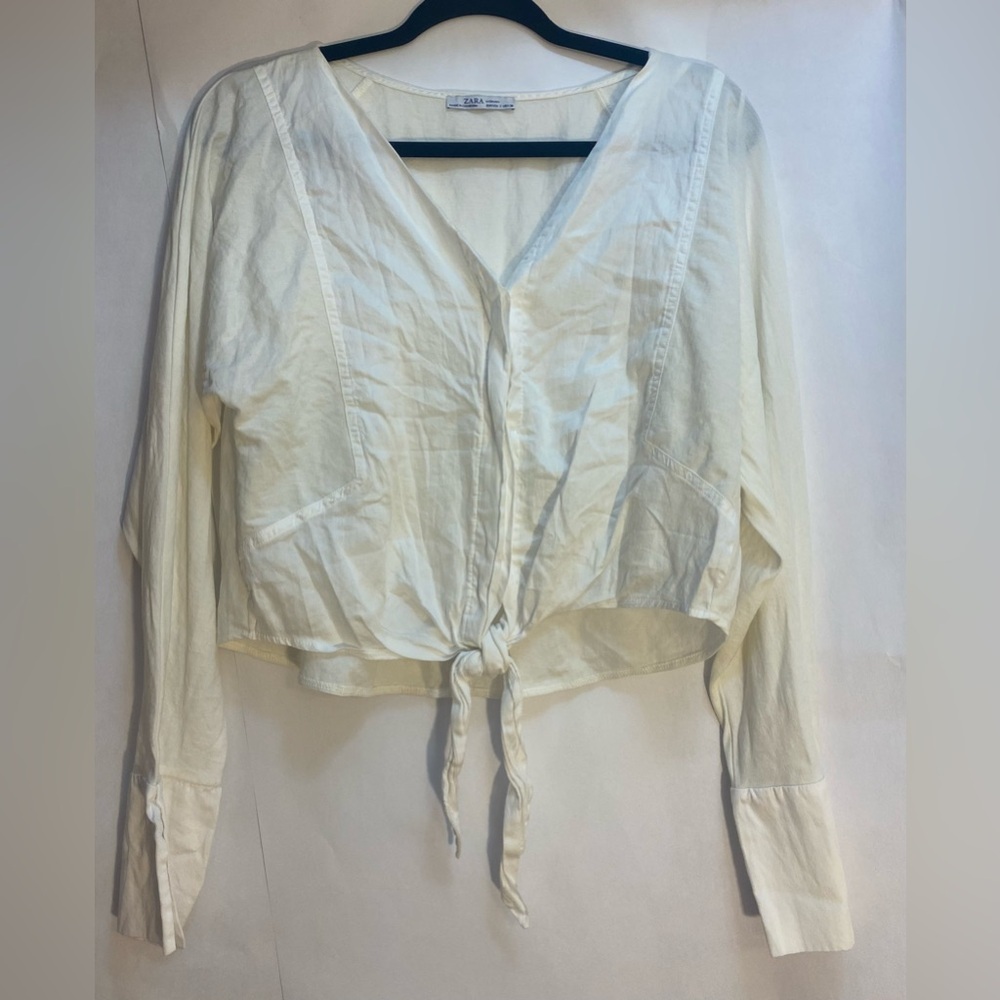 Zara Woman White Linen Blend Tie Front Cropped Blouse V-Neck Long Sleeve‎ Top S